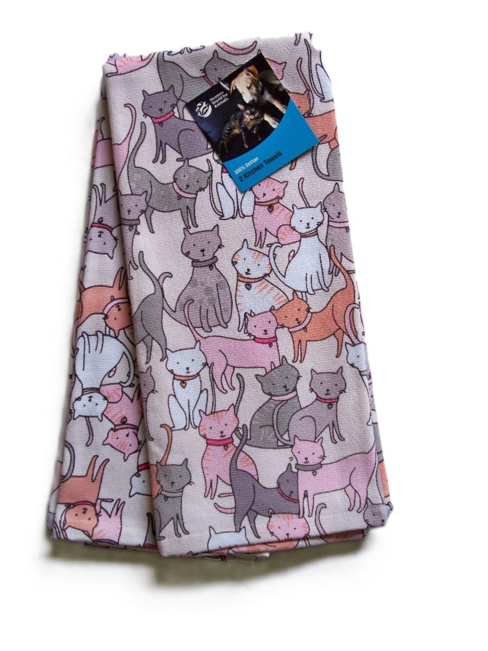Humane World for Animals 2 Pc Kitchen Towel Set Cats Pink Gray Cotton NWT